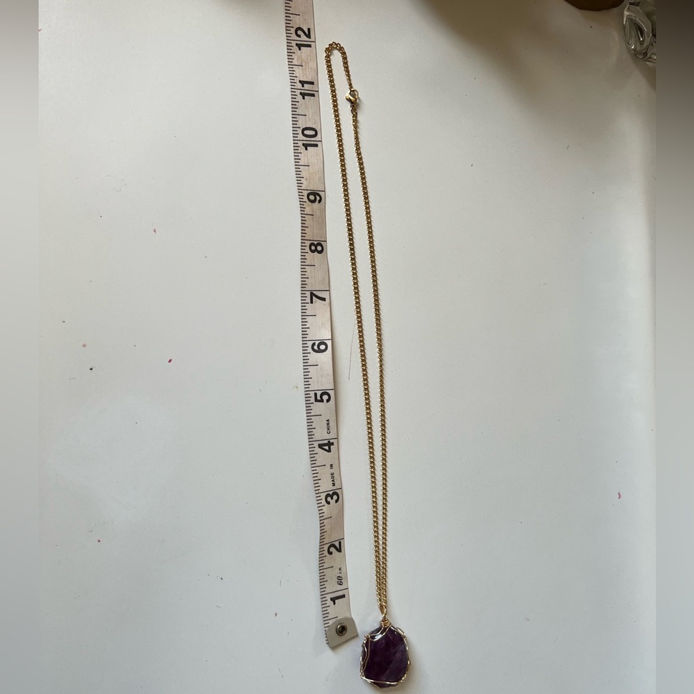 ✨ Deep Purple Fluorite Necklace • Gold Wrapped • 24" Chain ✨ - Picture 12 of 16